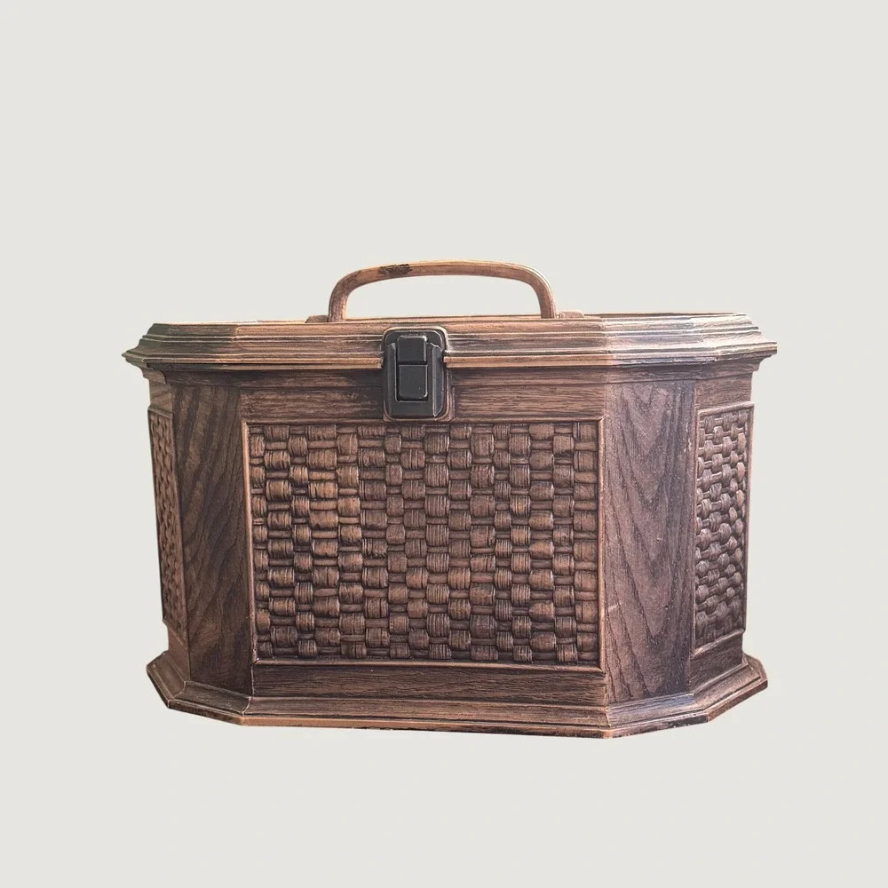 Vintage Lerner Faux Wood Wicker Large Sewing Storage Basket